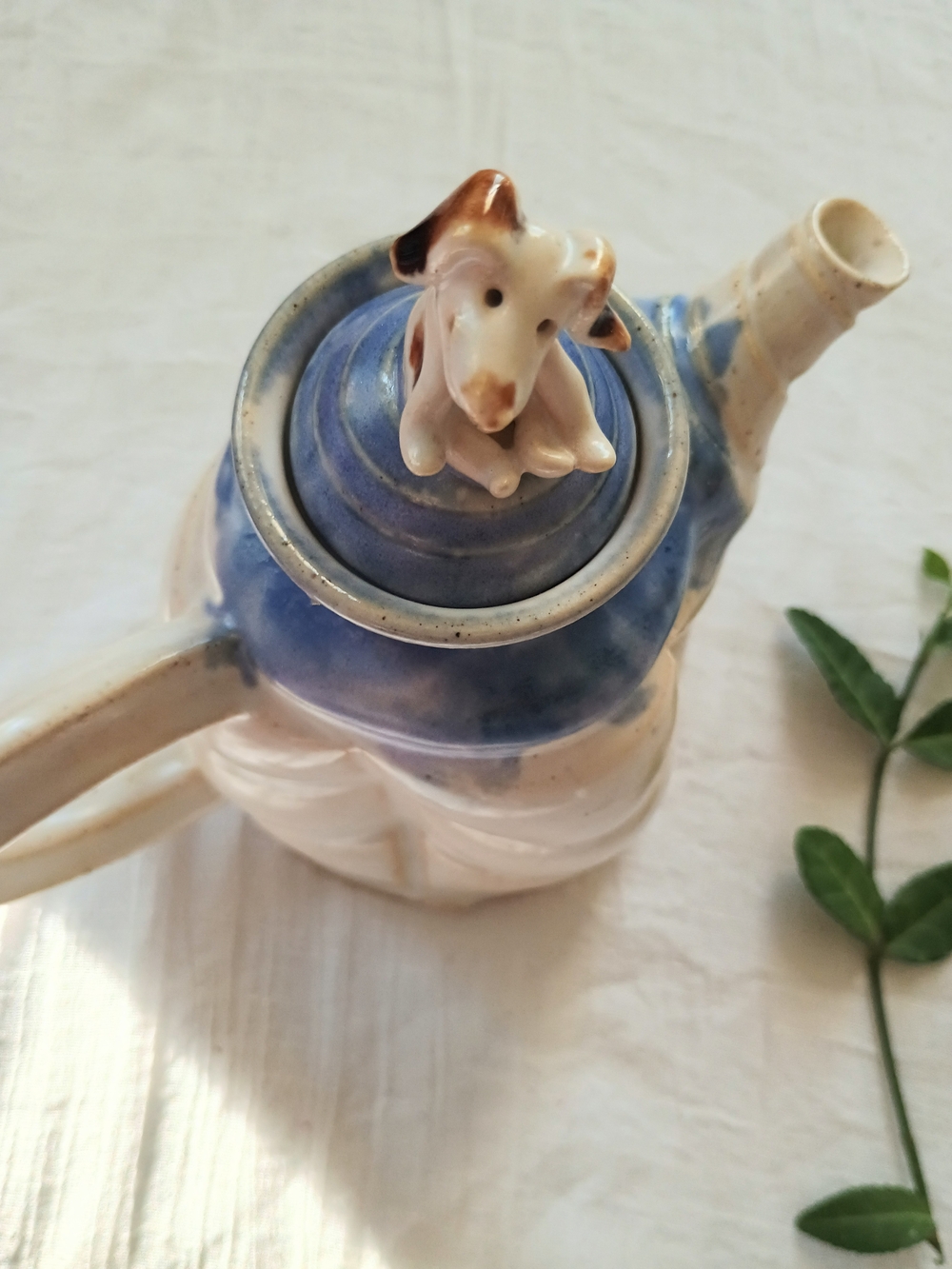💙 STUDIO POTTERY 💙 Artisan, Hand-Thrown Pottery Teapot w Dog Accent, Quiet Lux